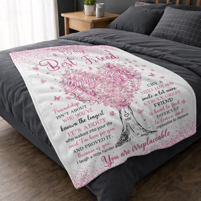 To My Best Friend Irreplaceable Pink Butterfly Heart Tree - Personalized Custom Blanket - BST965_BLK