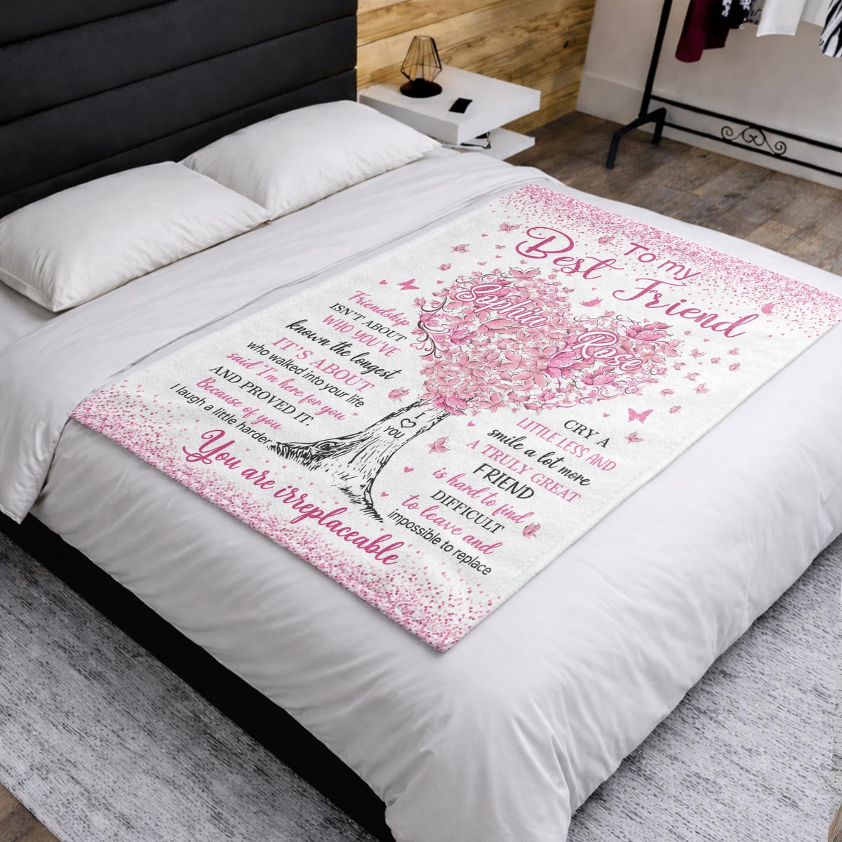 To My Best Friend Irreplaceable Pink Butterfly Heart Tree - Personalized Custom Blanket - BST965_BLK