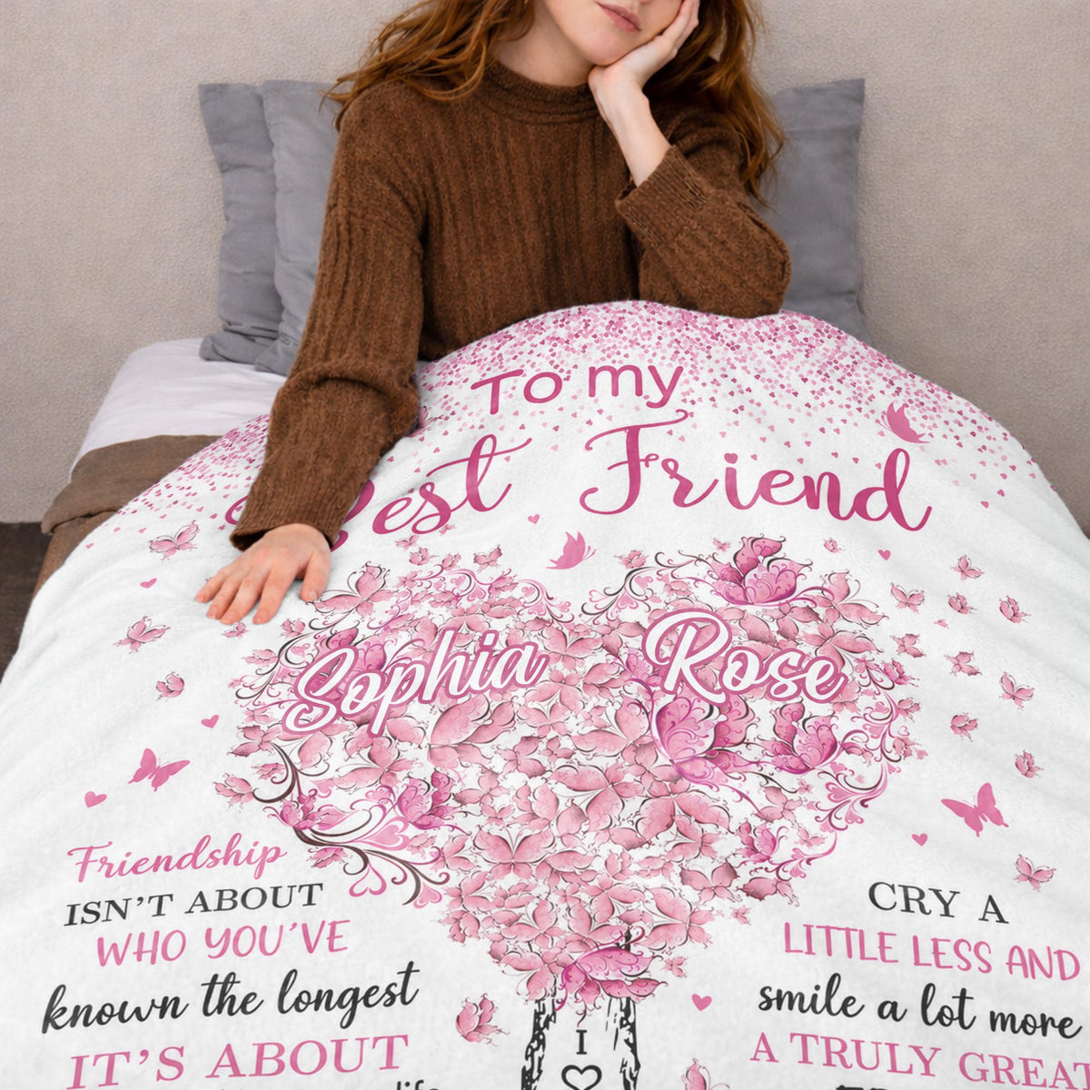 To My Best Friend Irreplaceable Pink Butterfly Heart Tree - Personalized Custom Blanket - BST965_BLK
