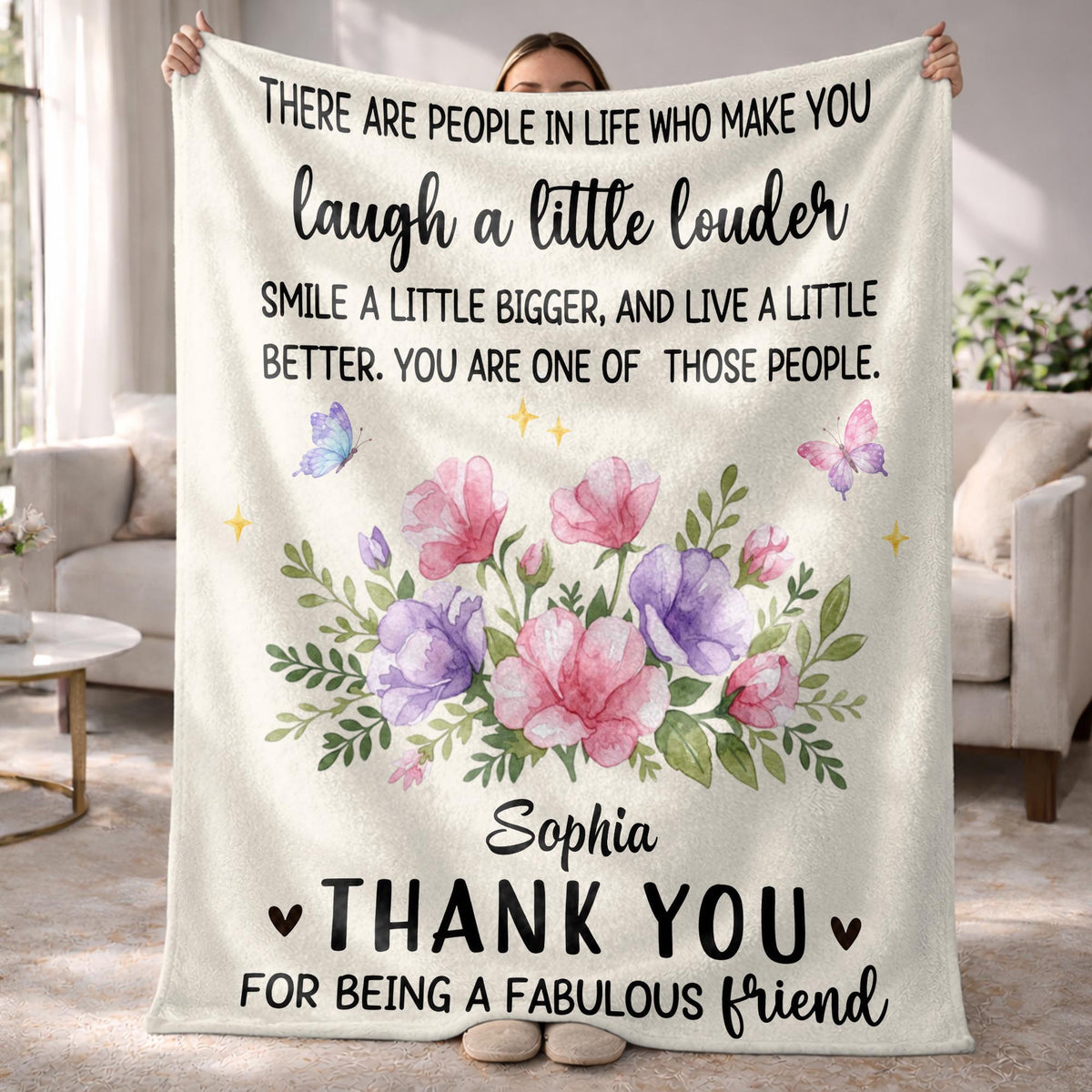 Laugh A Little Louder Smile A Little Bigger Floral Butterfly Thank You Friend - Personalized Custom Blanket - BST966_BLK