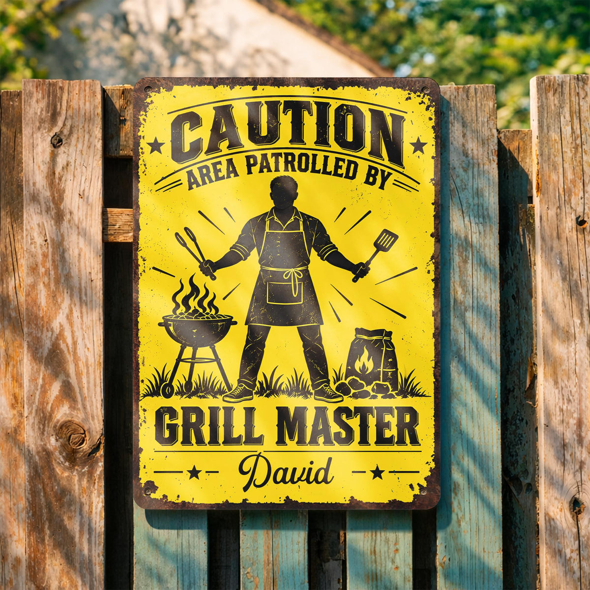 Caution Area Patrolled By Grill Master With BBQ Grill and Tongs - Personalized Metal Sign - COOK072_MSIGN