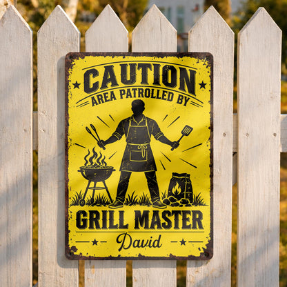 Caution Area Patrolled By Grill Master With BBQ Grill and Tongs - Personalized Metal Sign - COOK072_MSIGN