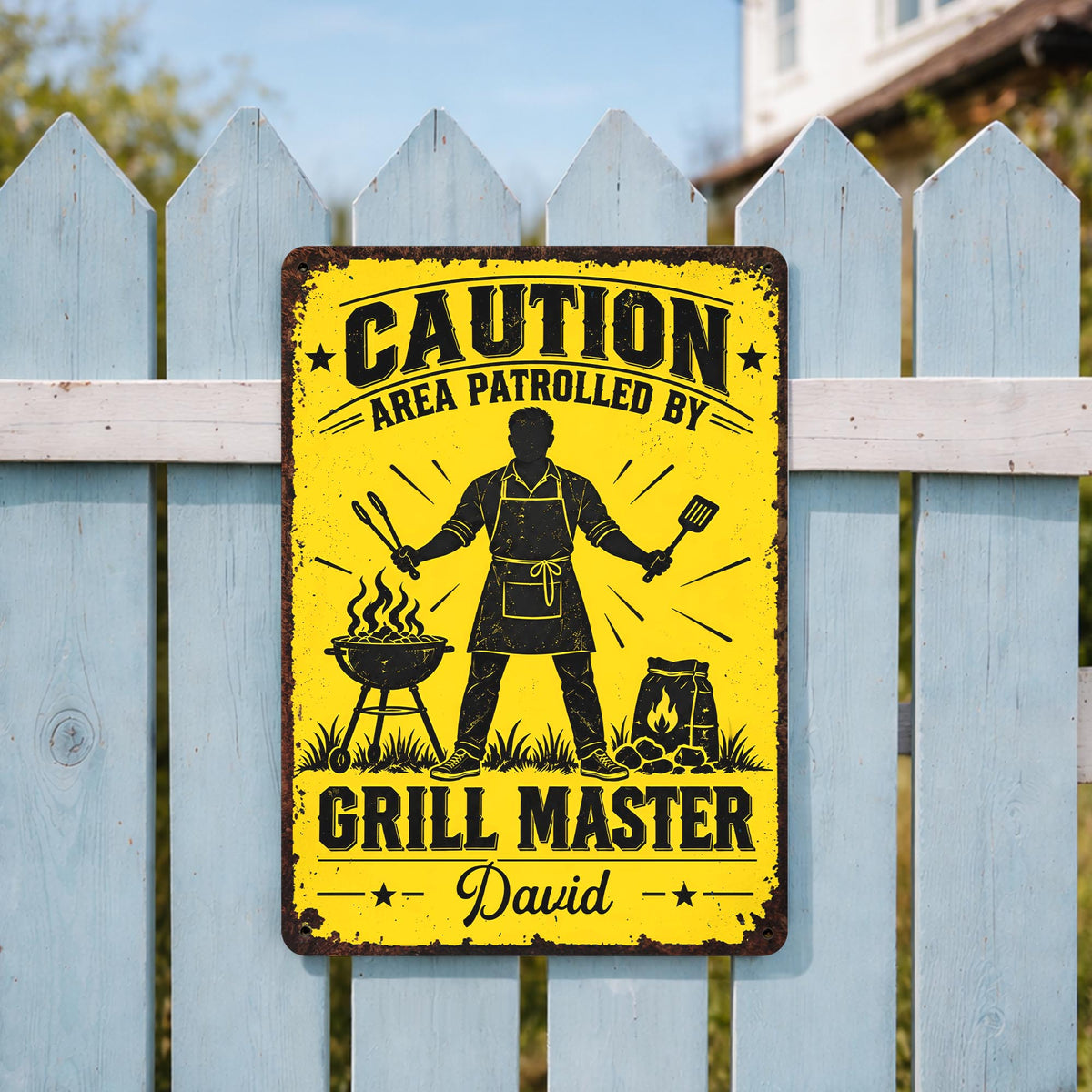 Caution Area Patrolled By Grill Master With BBQ Grill and Tongs - Personalized Metal Sign - COOK072_MSIGN