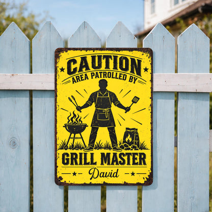 Caution Area Patrolled By Grill Master With BBQ Grill and Tongs - Personalized Metal Sign - COOK072_MSIGN