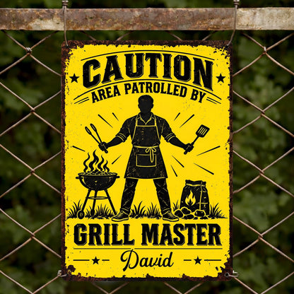 Caution Area Patrolled By Grill Master With BBQ Grill and Tongs - Personalized Metal Sign - COOK072_MSIGN