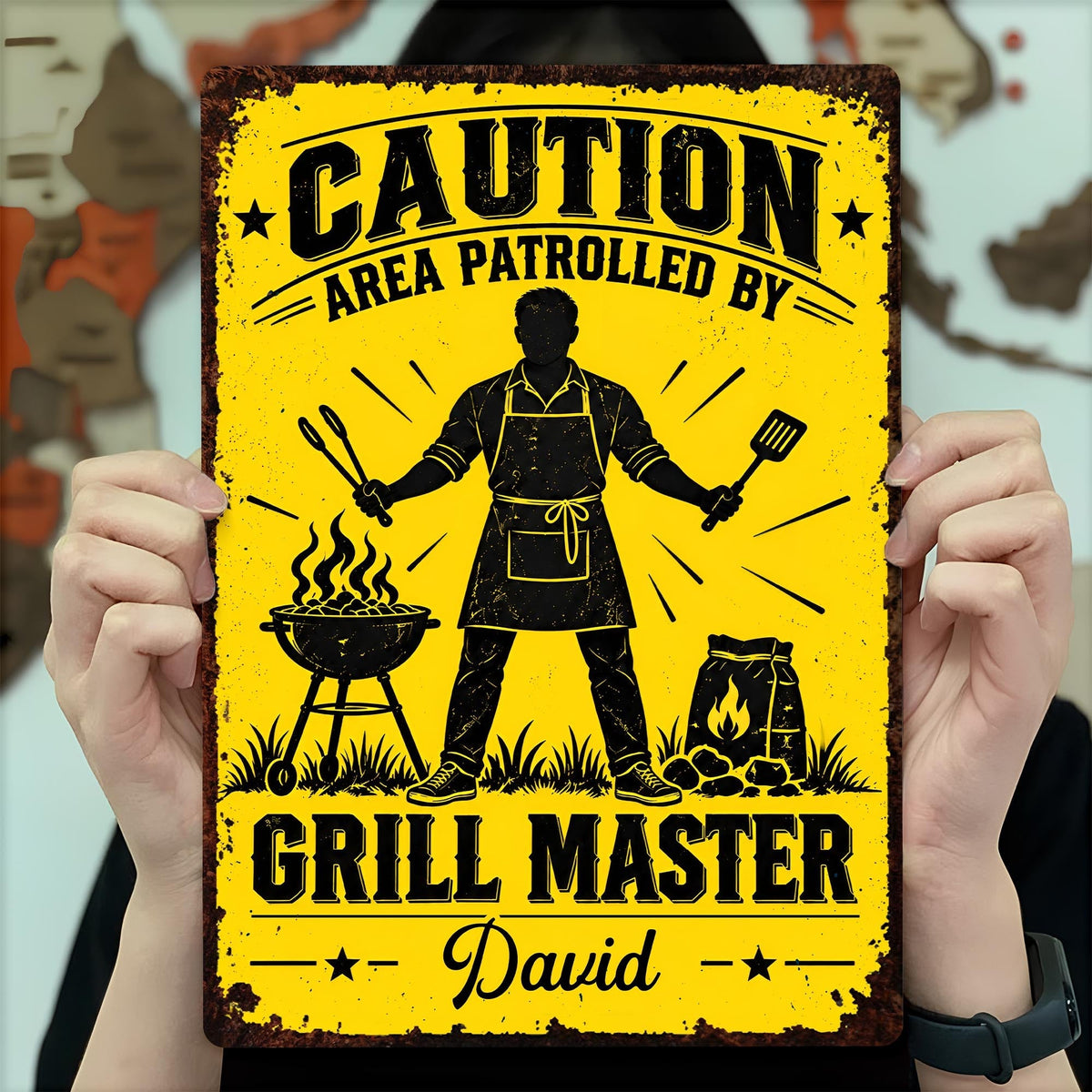 Caution Area Patrolled By Grill Master With BBQ Grill and Tongs - Personalized Metal Sign - COOK072_MSIGN