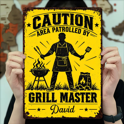 Caution Area Patrolled By Grill Master With BBQ Grill and Tongs - Personalized Metal Sign - COOK072_MSIGN