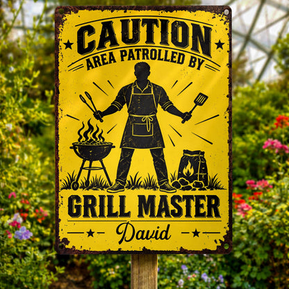 Caution Area Patrolled By Grill Master With BBQ Grill and Tongs - Personalized Metal Sign - COOK072_MSIGN