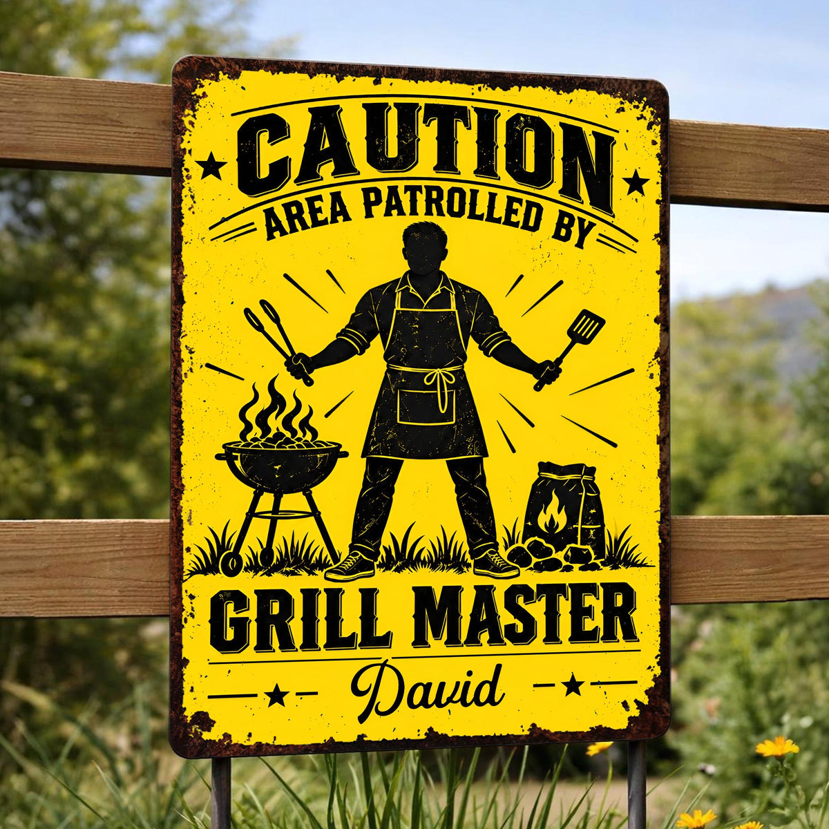 Caution Area Patrolled By Grill Master With BBQ Grill and Tongs - Personalized Metal Sign - COOK072_MSIGN