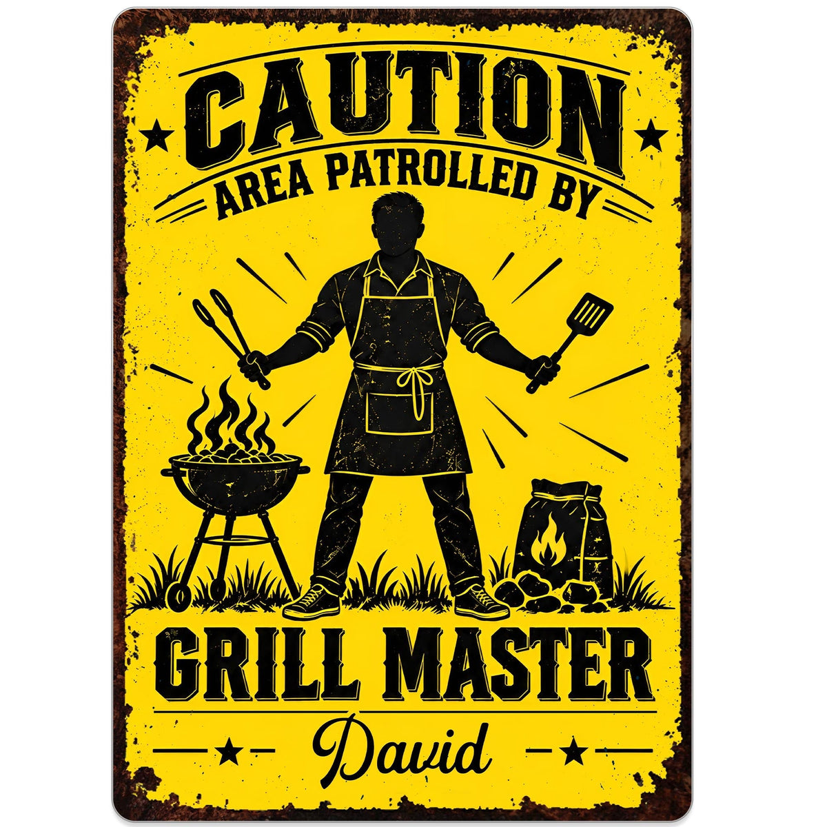 Caution Area Patrolled By Grill Master With BBQ Grill and Tongs - Personalized Metal Sign - COOK072_MSIGN