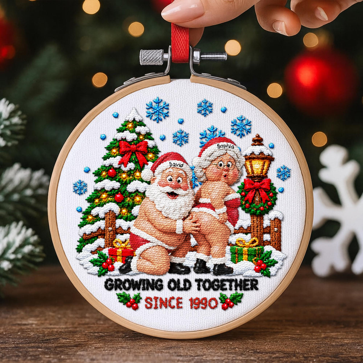 Growing Old Together Funny Santa Claus And Mrs Claus Couple - Personalized Embroidered Ornament - CPL1998_EMBO