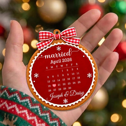 Married Custom Calendar Gingerbread With Red Bow And Snowflakes - Personalized Custom Wood Ornament, Custom Shaped - CPL2232_WDO