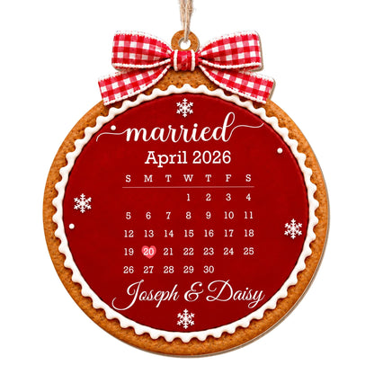 Married Custom Calendar Gingerbread With Red Bow And Snowflakes - Personalized Custom Wood Ornament, Custom Shaped - CPL2232_WDO