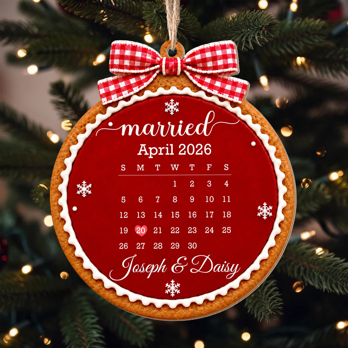 Married Custom Calendar Gingerbread With Red Bow And Snowflakes - Personalized Custom Wood Ornament, Custom Shaped - CPL2232_WDO