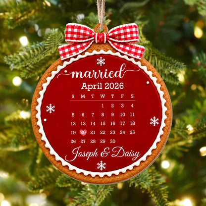Married Custom Calendar Gingerbread With Red Bow And Snowflakes - Personalized Custom Wood Ornament, Custom Shaped - CPL2232_WDO