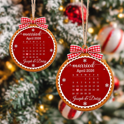 Married Custom Calendar Gingerbread With Red Bow And Snowflakes - Personalized Custom Wood Ornament, Custom Shaped - CPL2232_WDO