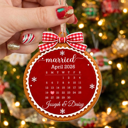 Married Custom Calendar Gingerbread With Red Bow And Snowflakes - Personalized Custom Wood Ornament, Custom Shaped - CPL2232_WDO