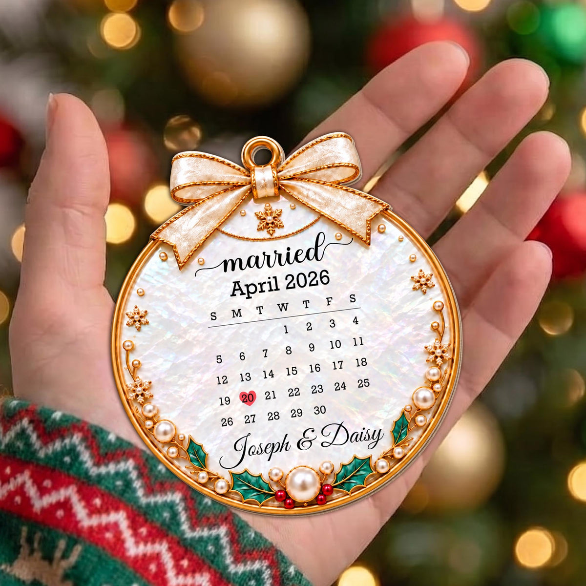 Married Custom Calendar Ornament With Ribbon And Pearls - Personalized Custom Wood Ornament, Custom Shaped - CPL2233_WDO