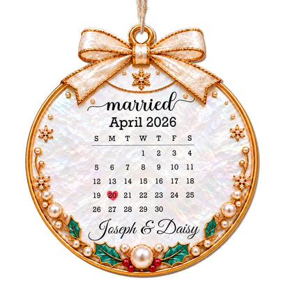 Married Custom Calendar Ornament With Ribbon And Pearls - Personalized Custom Wood Ornament, Custom Shaped - CPL2233_WDO