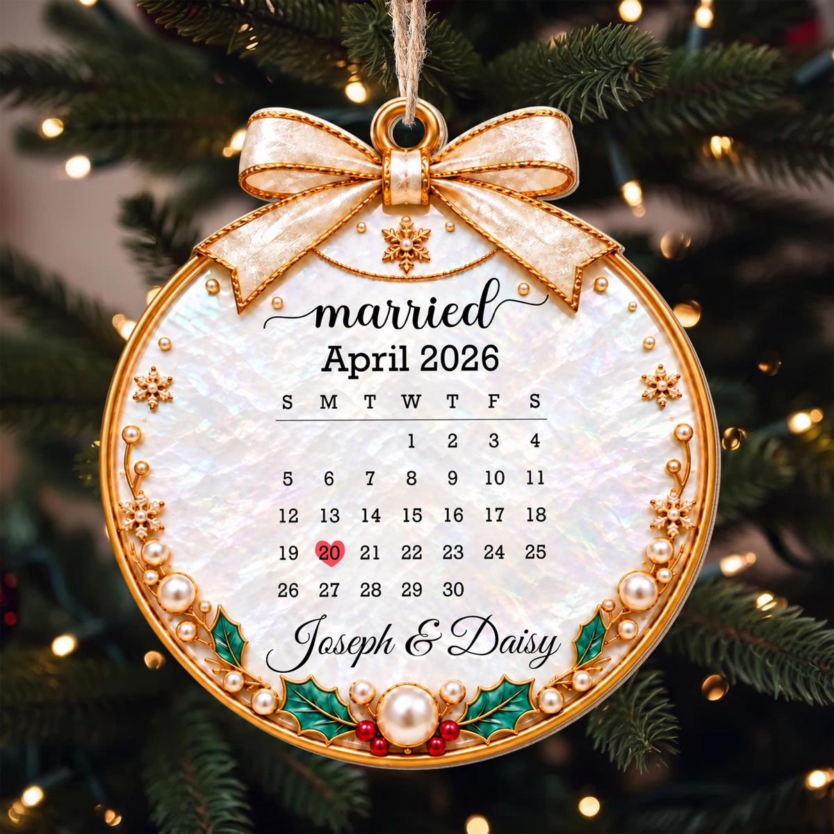 Married Custom Calendar Ornament With Ribbon And Pearls - Personalized Custom Wood Ornament, Custom Shaped - CPL2233_WDO