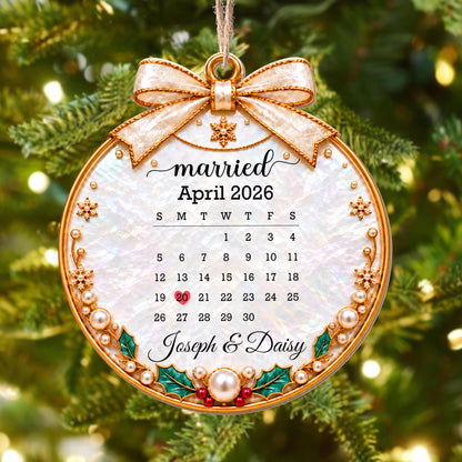 Married Custom Calendar Ornament With Ribbon And Pearls - Personalized Custom Wood Ornament, Custom Shaped - CPL2233_WDO