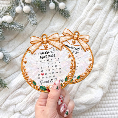 Married Custom Calendar Ornament With Ribbon And Pearls - Personalized Custom Wood Ornament, Custom Shaped - CPL2233_WDO