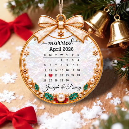 Married Custom Calendar Ornament With Ribbon And Pearls - Personalized Custom Wood Ornament, Custom Shaped - CPL2233_WDO
