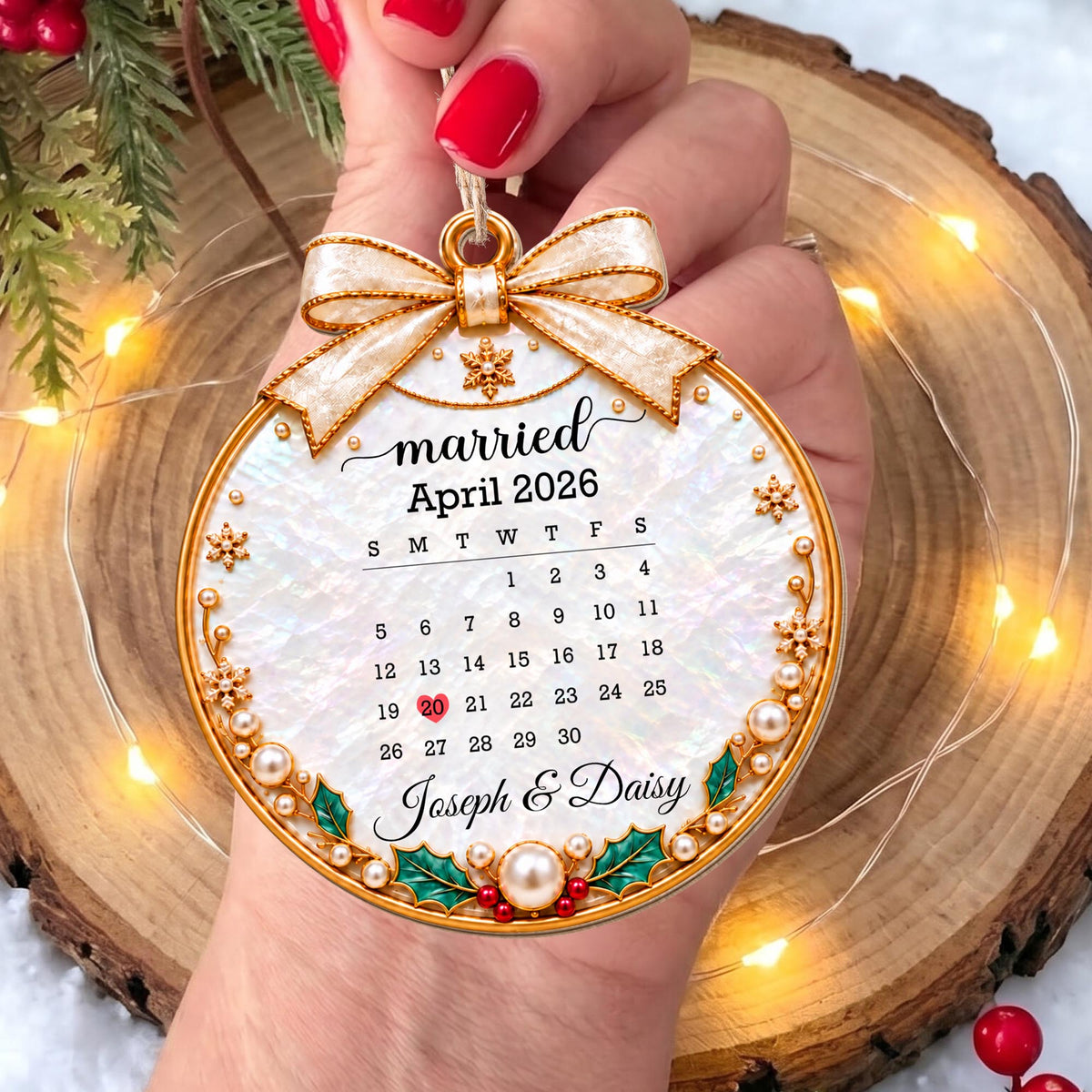 Married Custom Calendar Ornament With Ribbon And Pearls - Personalized Custom Wood Ornament, Custom Shaped - CPL2233_WDO