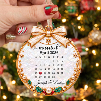 Married Custom Calendar Ornament With Ribbon And Pearls - Personalized Custom Wood Ornament, Custom Shaped - CPL2233_WDO