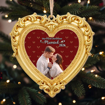 Our First Christmas Married Ornate Gold Heart Photo Frame - Personalized Custom Wood Ornament, Custom Shaped - CPL2248_WDO