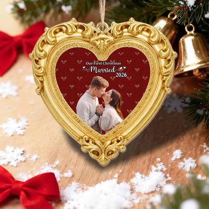 Our First Christmas Married Ornate Gold Heart Photo Frame - Personalized Custom Wood Ornament, Custom Shaped - CPL2248_WDO