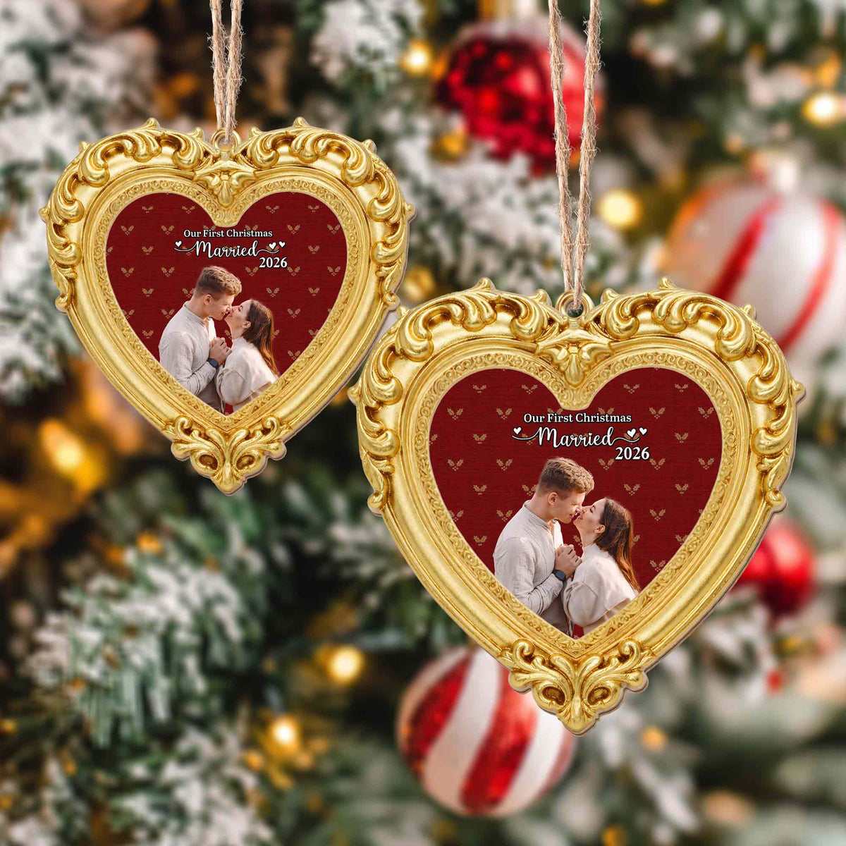 Our First Christmas Married Ornate Gold Heart Photo Frame - Personalized Custom Wood Ornament, Custom Shaped - CPL2248_WDO