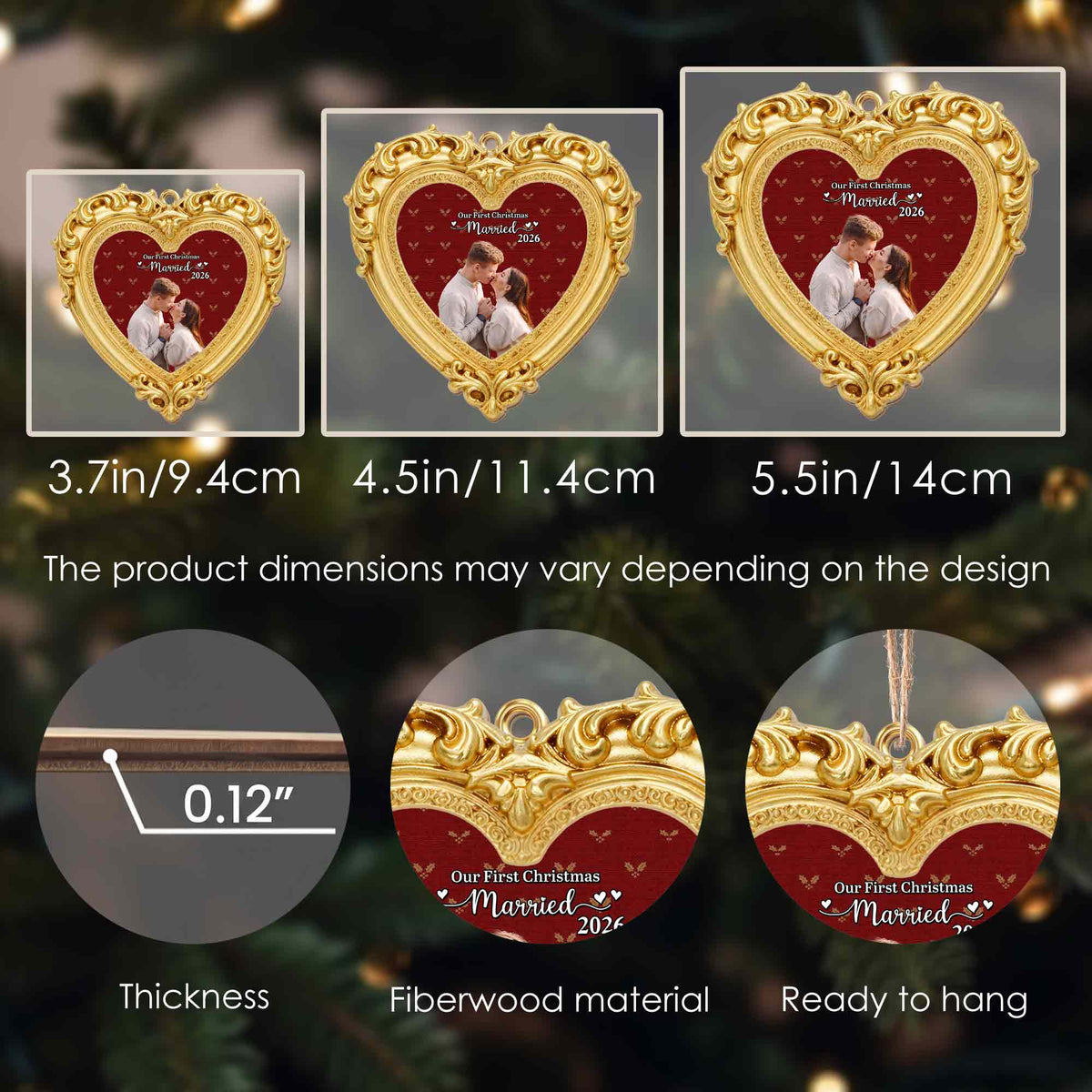 Our First Christmas Married Ornate Gold Heart Photo Frame - Personalized Custom Wood Ornament, Custom Shaped - CPL2248_WDO