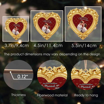 Our First Christmas Married Ornate Gold Heart Photo Frame - Personalized Custom Wood Ornament, Custom Shaped - CPL2248_WDO