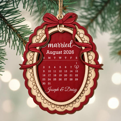 Married Custom Calendar With Bow and Heart Ribbon Frame - Personalized Double Layer Wood Ornament - CPL2254_DWO