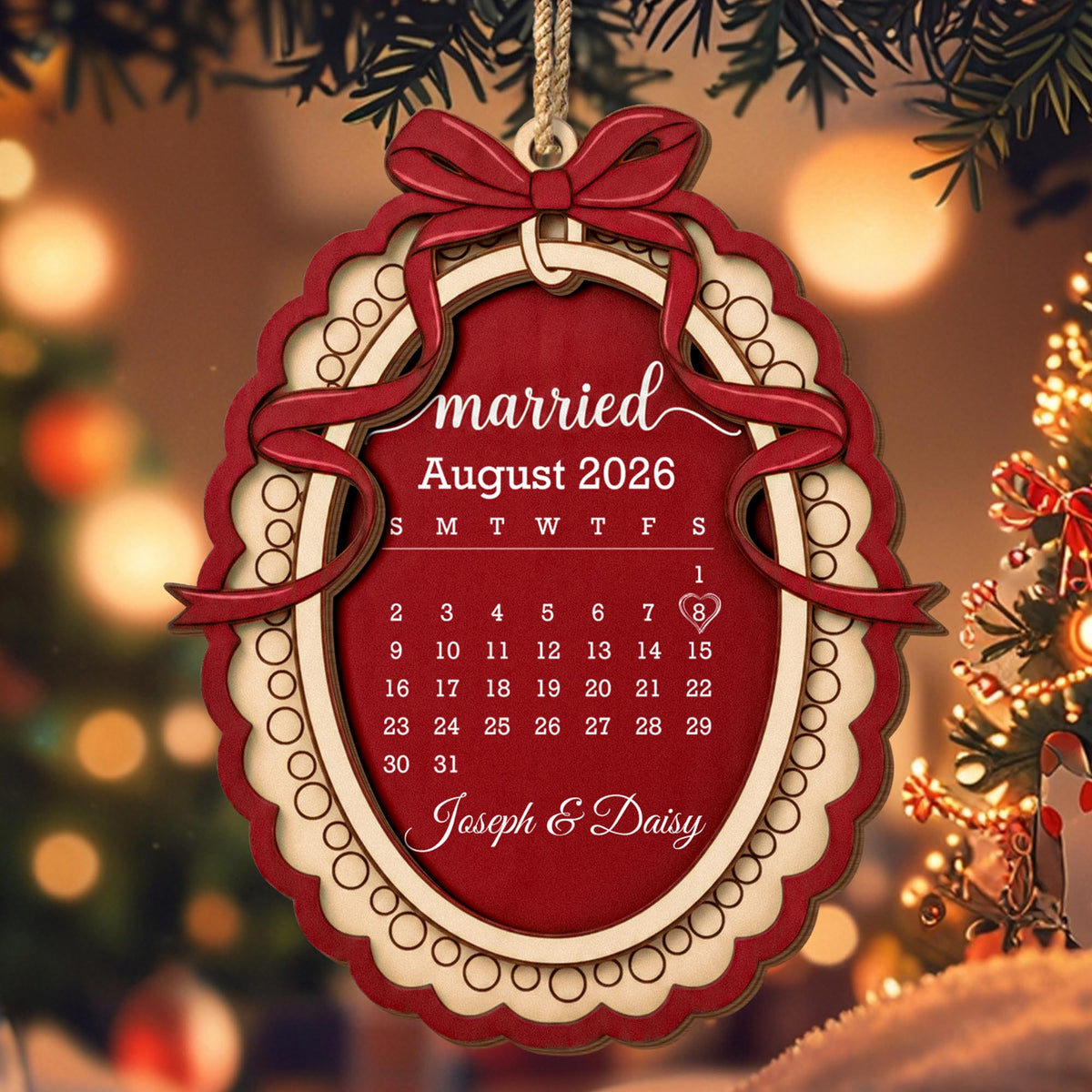 Married Custom Calendar With Bow and Heart Ribbon Frame - Personalized Double Layer Wood Ornament - CPL2254_DWO