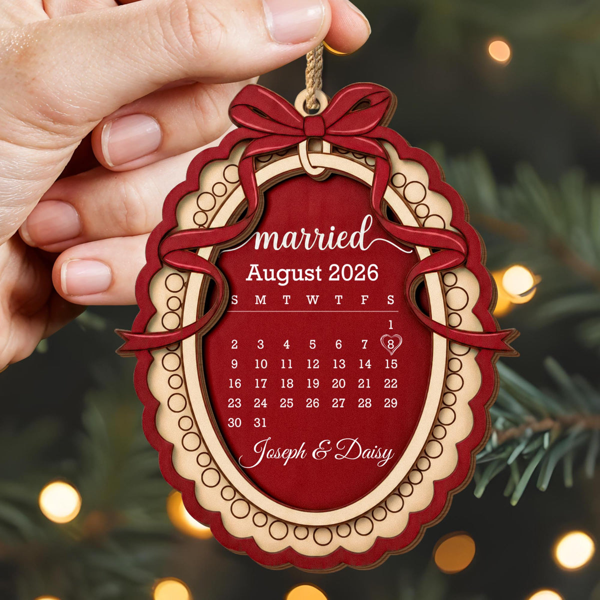 Married Custom Calendar With Bow and Heart Ribbon Frame - Personalized Double Layer Wood Ornament - CPL2254_DWO