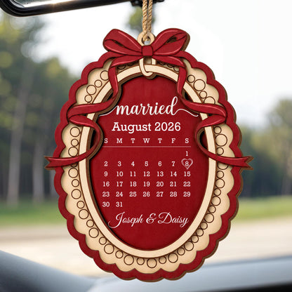 Married Custom Calendar With Bow and Heart Ribbon Frame - Personalized Double Layer Wood Ornament - CPL2254_DWO