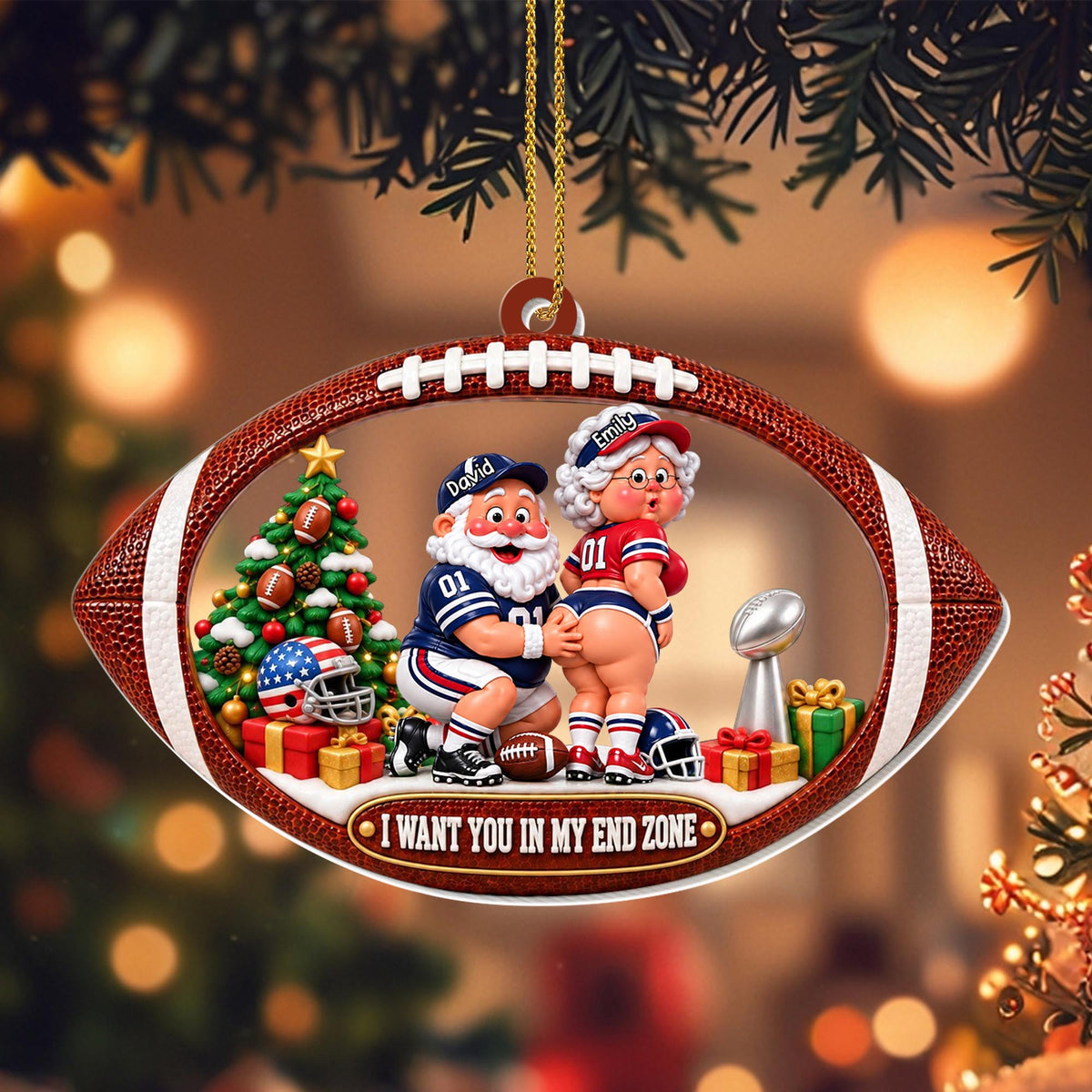 I Want You In My End Zone Funny Football Santa Couple - Personalized Custom Acrylic Ornament, Christmas Gift - CPL2257_ACO