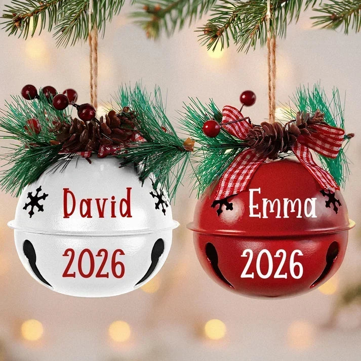 Personalized Jingle Bell Ornament, Red and White Hanging Christmas Tree Decor, Unique Gift for Couples