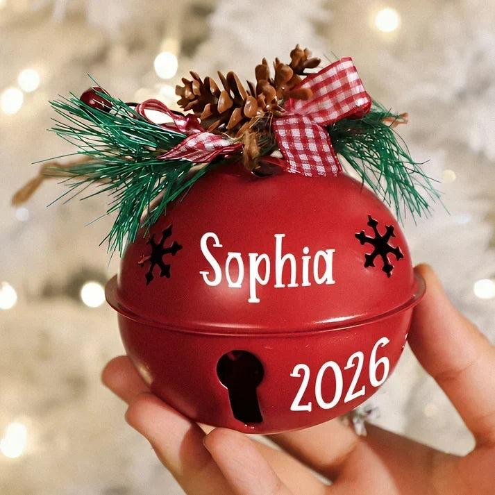 Personalized Jingle Bell Ornament, Red and White Hanging Christmas Tree Decor, Unique Gift for Couples