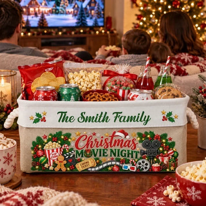 Personalized Cotton Linen Rope Basket, Family Watching Christmas Movies, Unique Snack Storage Gift