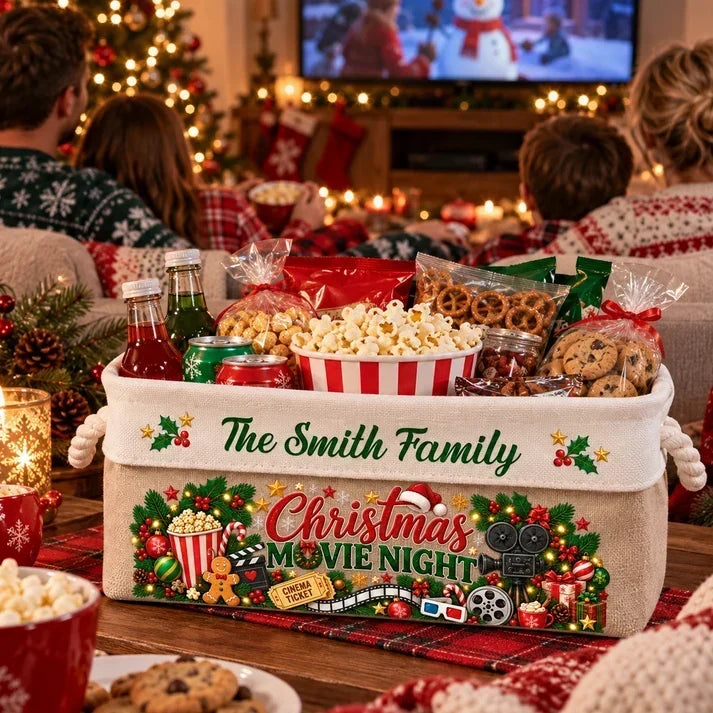 Personalized Cotton Linen Rope Basket, Family Watching Christmas Movies, Unique Snack Storage Gift