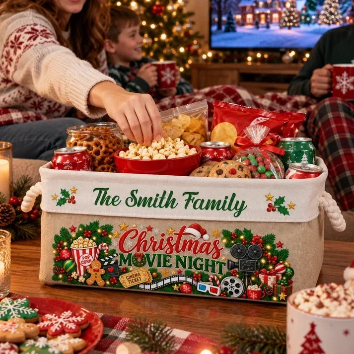 Personalized Cotton Linen Rope Basket, Family Watching Christmas Movies, Unique Snack Storage Gift