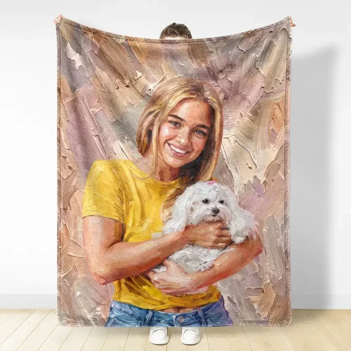 Personalized Fleece Blanket with Oil Painted Sitting Dog Portrait, Creative Gift for Dog Lovers