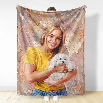 Personalized Fleece Blanket with Oil Painted Sitting Dog Portrait, Creative Gift for Dog Lovers