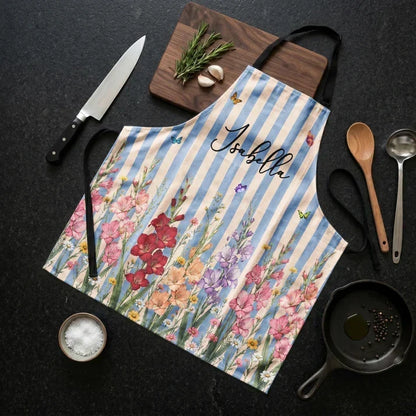 Watercolor Floral Personalized 4-Pocket Apron, Pastel Stripes, Unique Gift for Her and Home Cooks