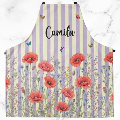 Watercolor Floral Personalized 4-Pocket Apron, Pastel Stripes, Unique Gift for Her and Home Cooks