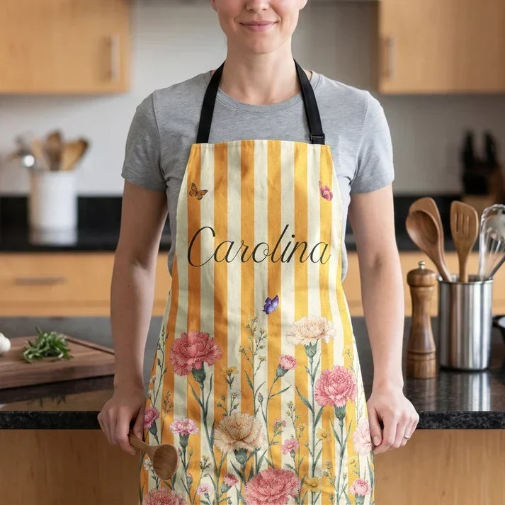Watercolor Floral Personalized 4-Pocket Apron, Pastel Stripes, Unique Gift for Her and Home Cooks