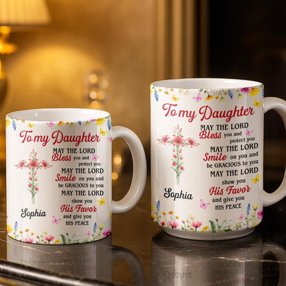 To My Daughter, May The Lord Bless You Floral Cross And Butterflies - Personalized Custom Coffee Mug - DAU822_MG